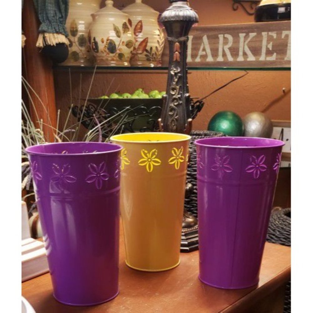 Three Heavy Meatal 9 Inch Vases/canisters With Cutouts